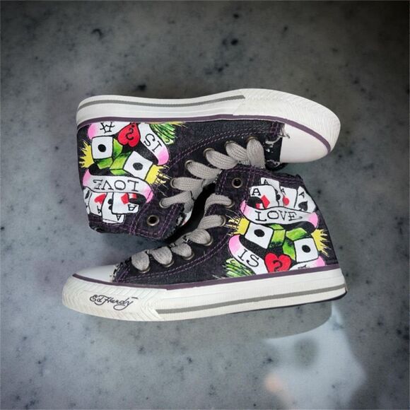Rare Kids Black Ed Hardy “Love Is” Skull Aces Canvas High Top Sneakers Size 1 - Picture 12 of 12